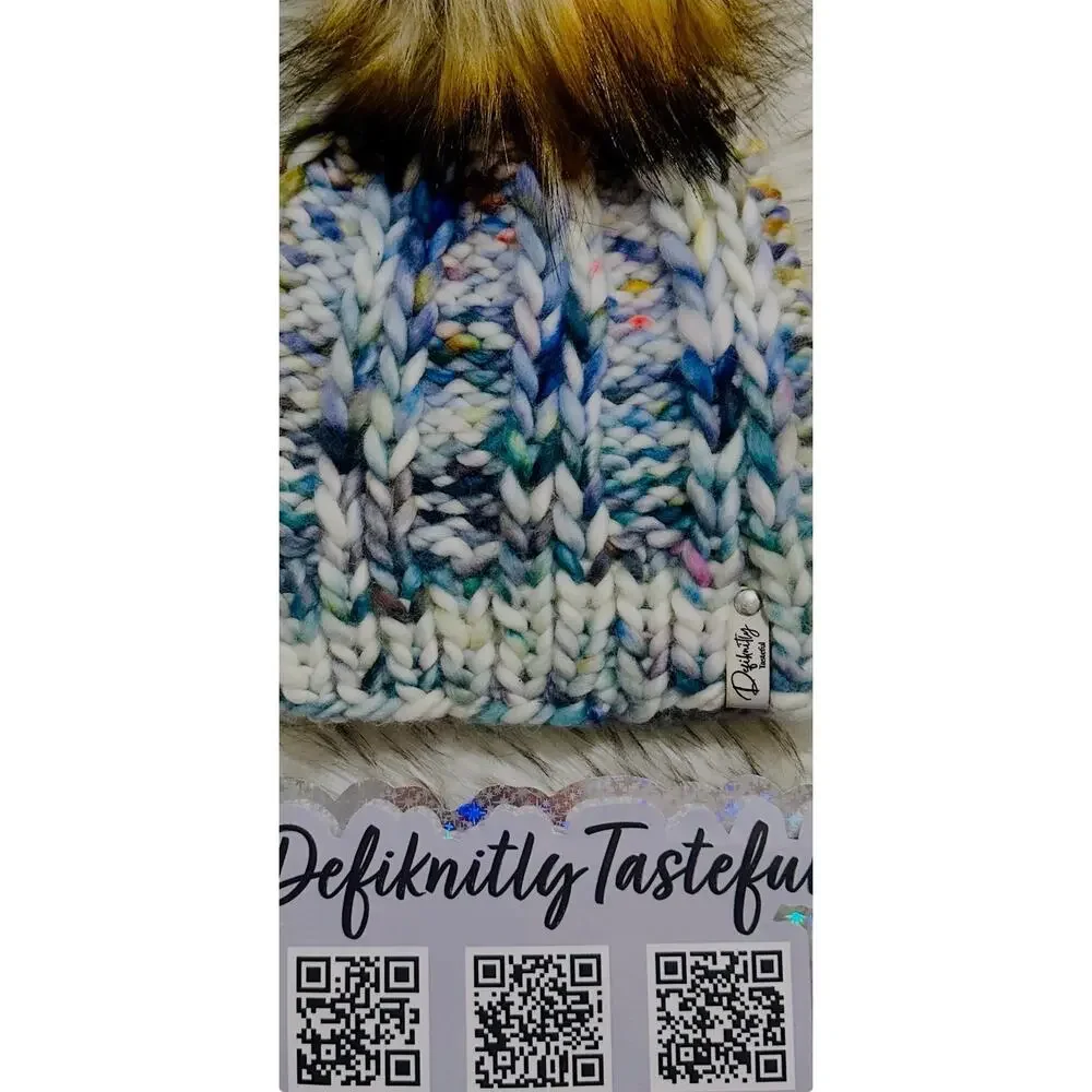 Handmade Scrappy Merino Wool Beanie: Colorful Winter Hat with Faux Fur Pom